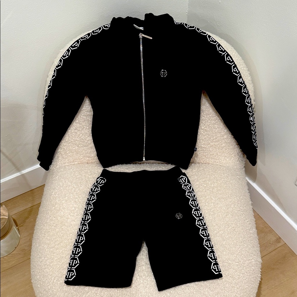 Philipp Plein Junior Black Zip-Up Hoodie and shorts set